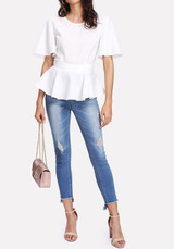 White Peplum Tie Back Cut Out Backless Half Sleeve Round Neck Fashion Blouse