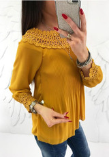 Yellow Patchwork Cut Out Ruffle Boat Neck Fashion Blouse