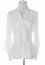 White Draped Ruffle Peter Pan Collar Long Sleeve Office Worker Blouse