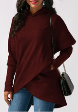 Red Irregular Hooded Long Sleeve Pullover Sweatshirt