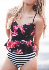 Red Flowers Spaghetti Strap 2-in-1 Open Back Swimwear
