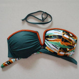 Dark Green Patchwork Bandeau Tie Back Two Piece Bikini Swimwear
