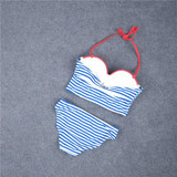 Blue Patchwork Red Striped Condole Belt Swimwear