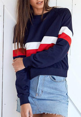 Dark Blue Patchwork Crop Round Neck Long Sleeve Fashion Sweatshirt
