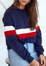 Dark Blue Patchwork Crop Round Neck Long Sleeve Fashion Sweatshirt