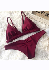 Red 2-in-1 Crop Condole Belt Plunging Neckline Slim Swimwear