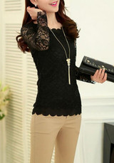 Black Patchwork Wavy Edge Lace Round Neck Long Sleeve Fashion Blouse