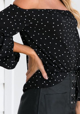 Black Polka Dot Print Off Shoulder Backless Sweet Going out Blouse