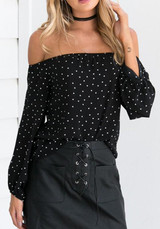 Black Polka Dot Print Off Shoulder Backless Sweet Going out Blouse