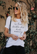 White Monogram Print Round Neck Short Sleeve Going out Casual T-Shirt