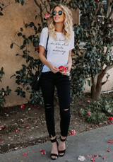 White Monogram Print Round Neck Short Sleeve Going out Casual T-Shirt