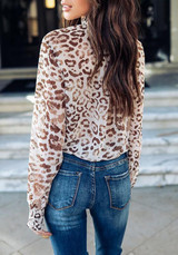 White Leopard Band Collar Long Sleeve Chiffon Blouse