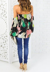 Green Flowers Print Cut Out Boat Neck Fashion T-Shirt