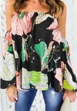 Green Flowers Print Cut Out Boat Neck Fashion T-Shirt