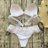 White Spaghetti Strap Lace Tie Back Backless Halter Neck Two Piece Bikini Swimwea