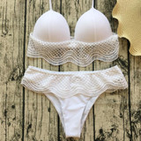 White Spaghetti Strap Lace Tie Back Backless Halter Neck Two Piece Bikini Swimwea