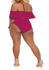 Burgundy-Black Patchwork Ruffle Sashes Spaghetti Strap One Piece Bikini Swimwear