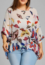 White Colorful Print Round Neck Casual T-Shirt