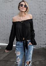 Black Plain Boat Neck Long Sleeve T-Shirt