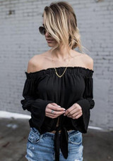 Black Plain Boat Neck Long Sleeve T-Shirt