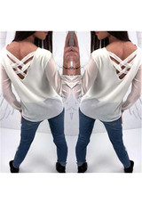 White Zipper Cut Out V-neck Long Sleeve Casual T-Shirt