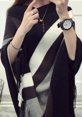 Black Striped Tassel Round Neck Pullover Cape