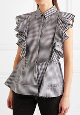Black-White Plaid Ruffle Buttons Turndown Collar Long Sleeve Blouse