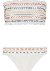 White Stripe Floral Print 2-in-1 Ruffle Bandeau Swimwear