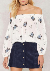 White Floral Print Boat Neck Long Sleeve Casual Blouse White Floral Print Boat Neck Long Sleeve Casual Blouse