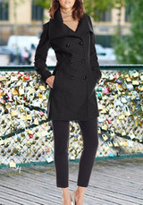 Black Double Breasted Pockets Turndown Collar Long Sleeve Fashion Wool Coat