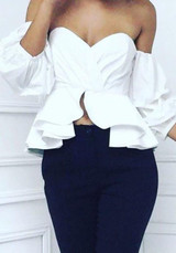 White Falbala Off Shoulder Open Back Irregular Blouse