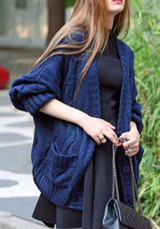 Dark Blue Pockets Buttons V-neck Long Sleeve Cardigan Sweater