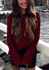 Red Plain Side Slit Long Sleeve Fashion Pullover Sweater