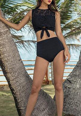 Black Bow Two Piece Round Neck Sleeveless High Waist Slim Swimwear