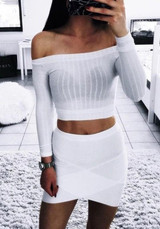 White Off Shoulder Boat Neck Fashion Cotton Crop T-Shirt