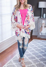 White Floral Tassel Fringe Cardigan Boho Beach Kimono Cover Up Casual Cardigan Coat