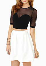 Black Patchwork Grenadine Elbow Sleeve Slim Blouse