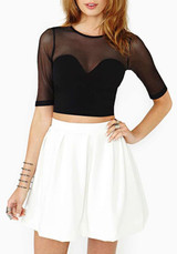 Black Patchwork Grenadine Elbow Sleeve Slim Blouse