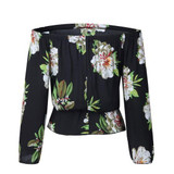 Black Floral Print Boat Neck Fashion Cotton Blouse