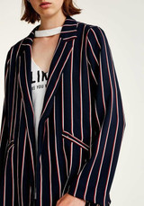 Black Striped Print Pockets Turndown Collar Outfit Office Worker Blazer