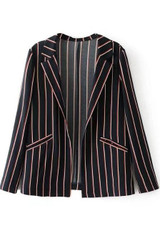 Black Striped Print Pockets Turndown Collar Outfit Office Worker Blazer