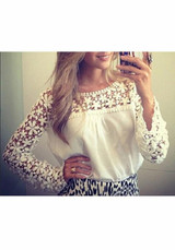 White Patchwork Lace Cut Out Chiffon Sweet Going out Blouse