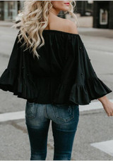 Black Pearl Draped Off Shoulder Backless Long Sleeve T-Shirt
