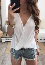 White Irregular Pleated Deep V-neck Sleeveless Casual T-Shirt