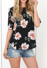 Black Floral Print Cut Out Round Neck Fashion T-Shirt Black Floral Print Cut Out Round Neck Fashion T-Shirt