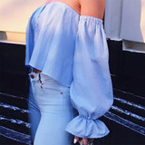 Blue Ruffle Single Breasted Backless Off Shoulder Lantern Sleeve Casual T-Shirt
