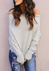 Grey Off Shoulder Backless Going out Casual T-Shirt