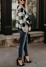 Black Plaid Print Irregular Turndown Collar Long Sleeve Fashion Coat