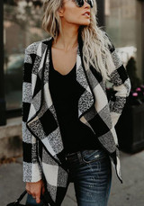 Black Plaid Print Irregular Turndown Collar Long Sleeve Fashion Coat
