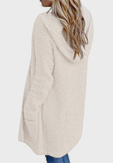 Beige Pockets Hooded Plunging Neckline Long Sleeve Cardigan Coat